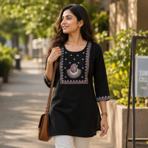 Home embroidered black short kurti